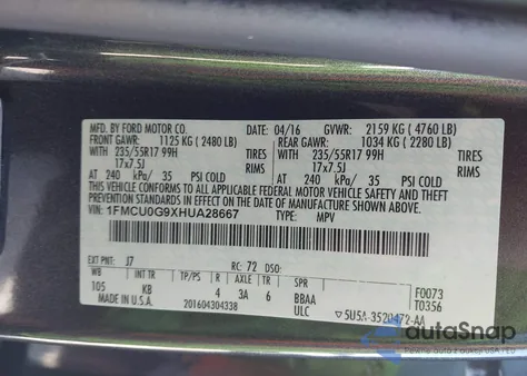2017 Ford Escape Se from USA, damaged, VIN 1FMCU0G9XHUA28667